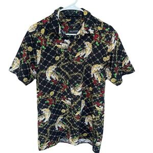 Drill Clothing Shirt Mens Medium Black Button Up Chain Print Tiger Roses Stretch